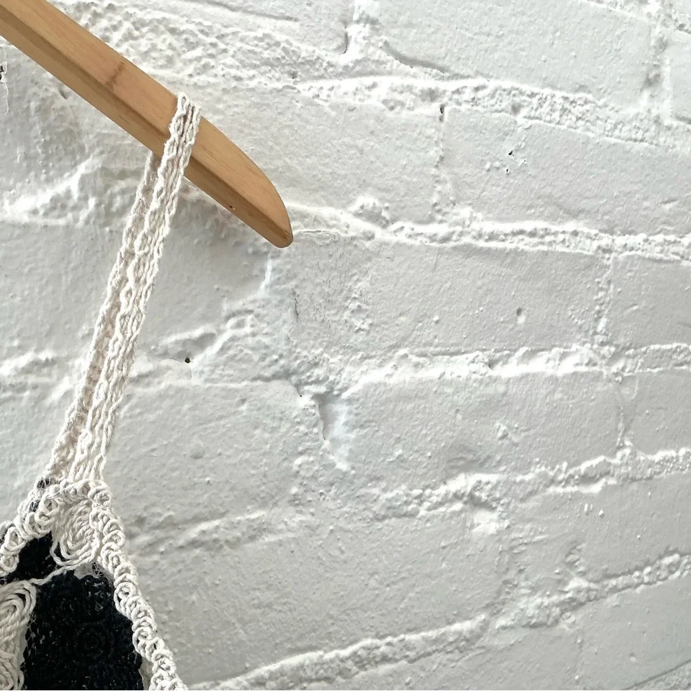 Love J Top Womens Crochet Cropped Tank Cream Black Granny Square Boho Festival - Picture 6 of 11